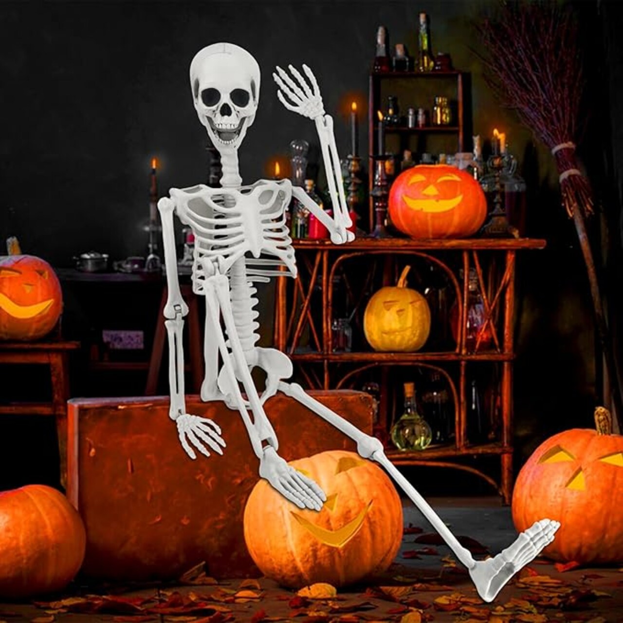 36" Skeleton Halloween Decor, 3FT Posable Halloween Skeleton Decorations, Realistic Full Body Plastic Skeleton for Halloween Party Decor, Haunted House Graveyard Props Indoor Outdoor Decorations